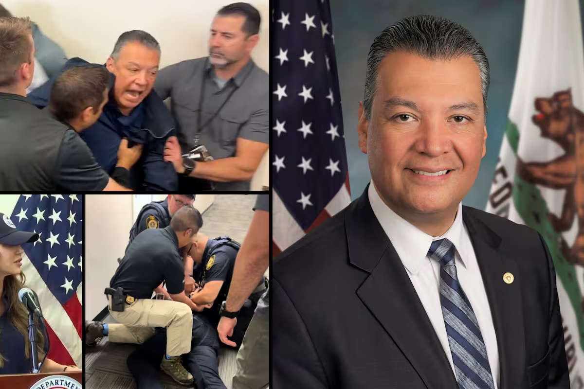Senador californiano es esposado en una conferencia de prensa de la Administración Trump