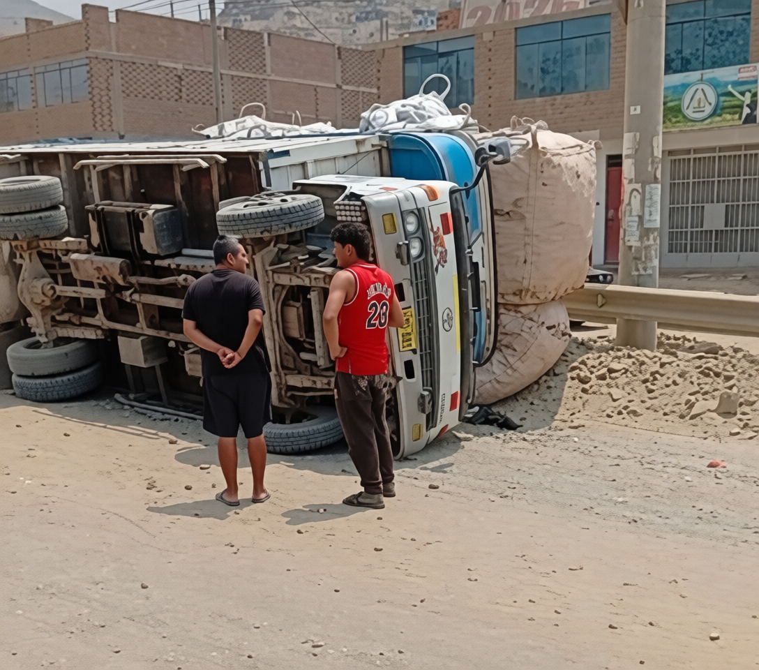 volcadura de un camión cargado de plástico en el Anexo 22 de Jicamarca, a la altura del paradero Claveles