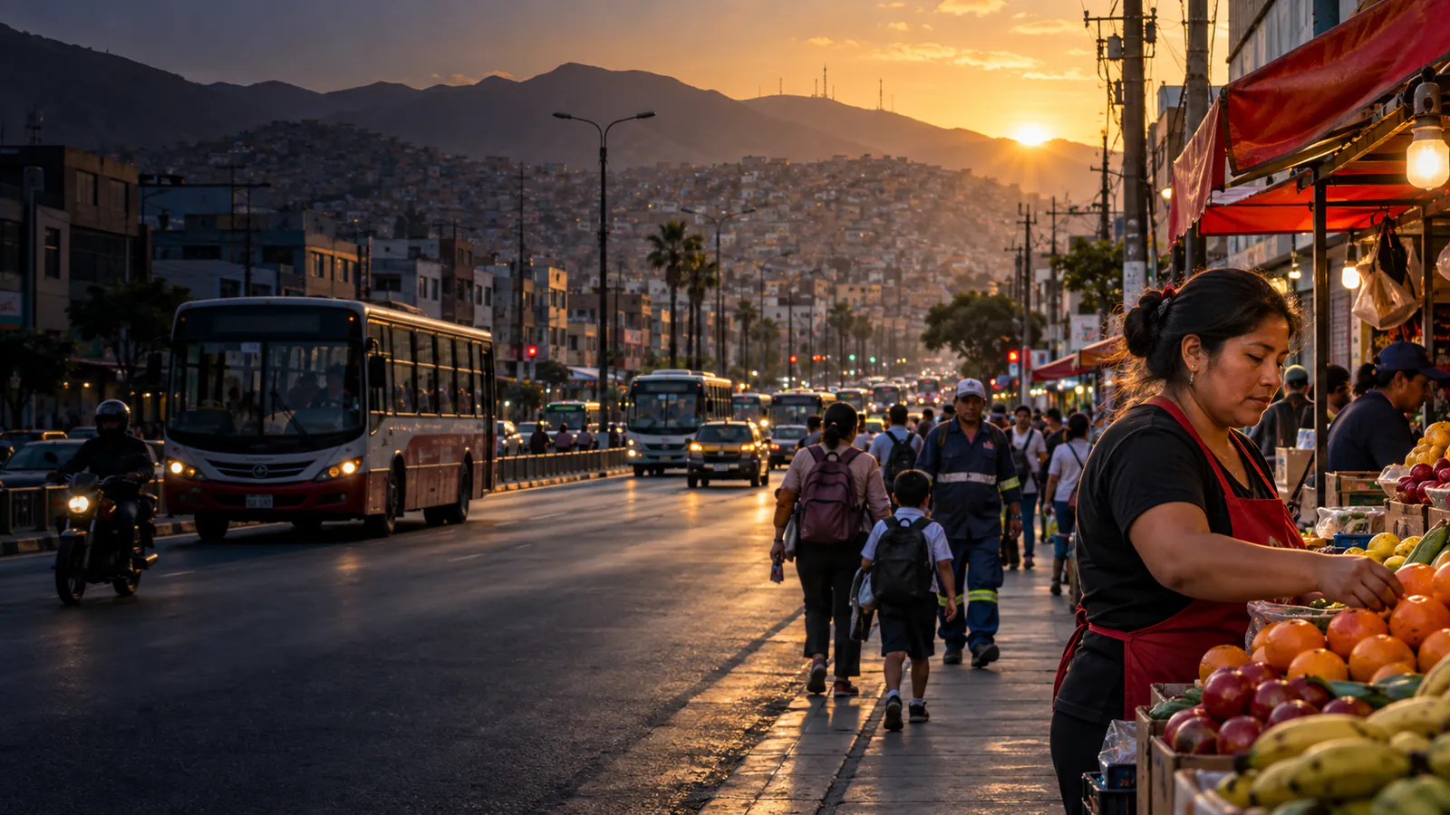 Avenida de Lima Este al atardecer, con buses y un puesto de frutas