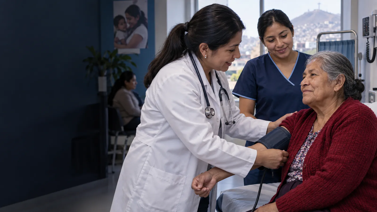 Doctora y enfermera atendiendo a una paciente en un centro de salud