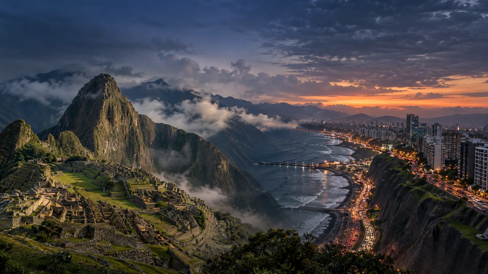 Machu Picchu y la costa de Lima al atardecer