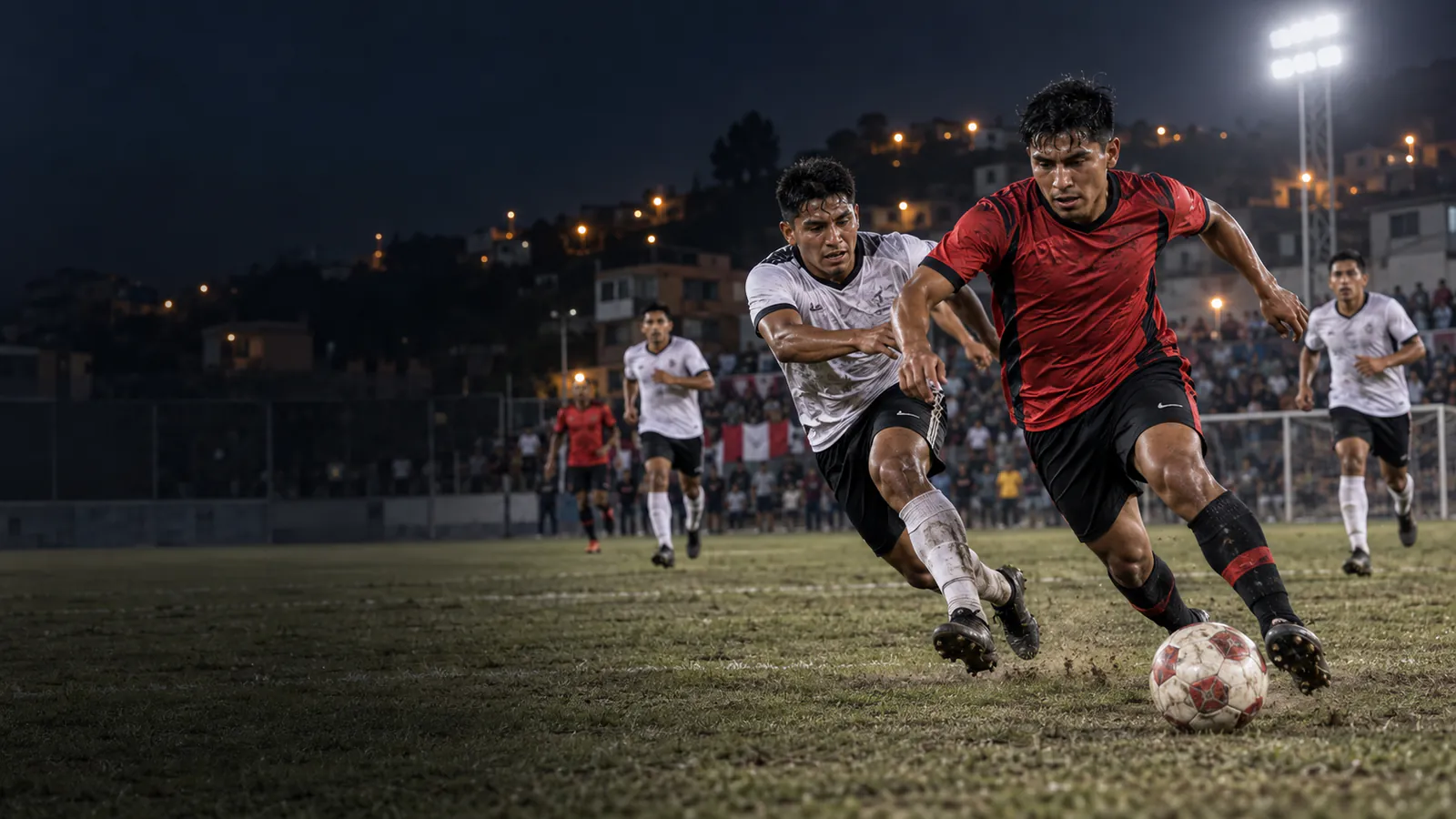 Partido de fútbol en una cancha de barrio, de noche
