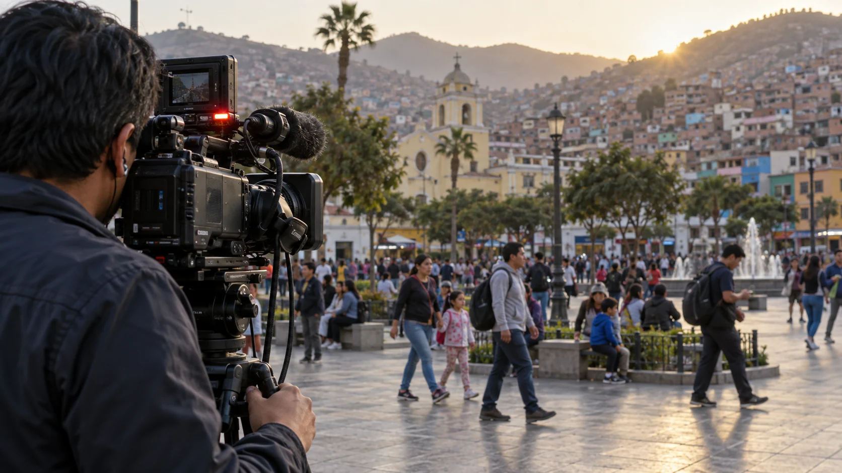 Camarógrafo grabando en una plaza de Lima Este